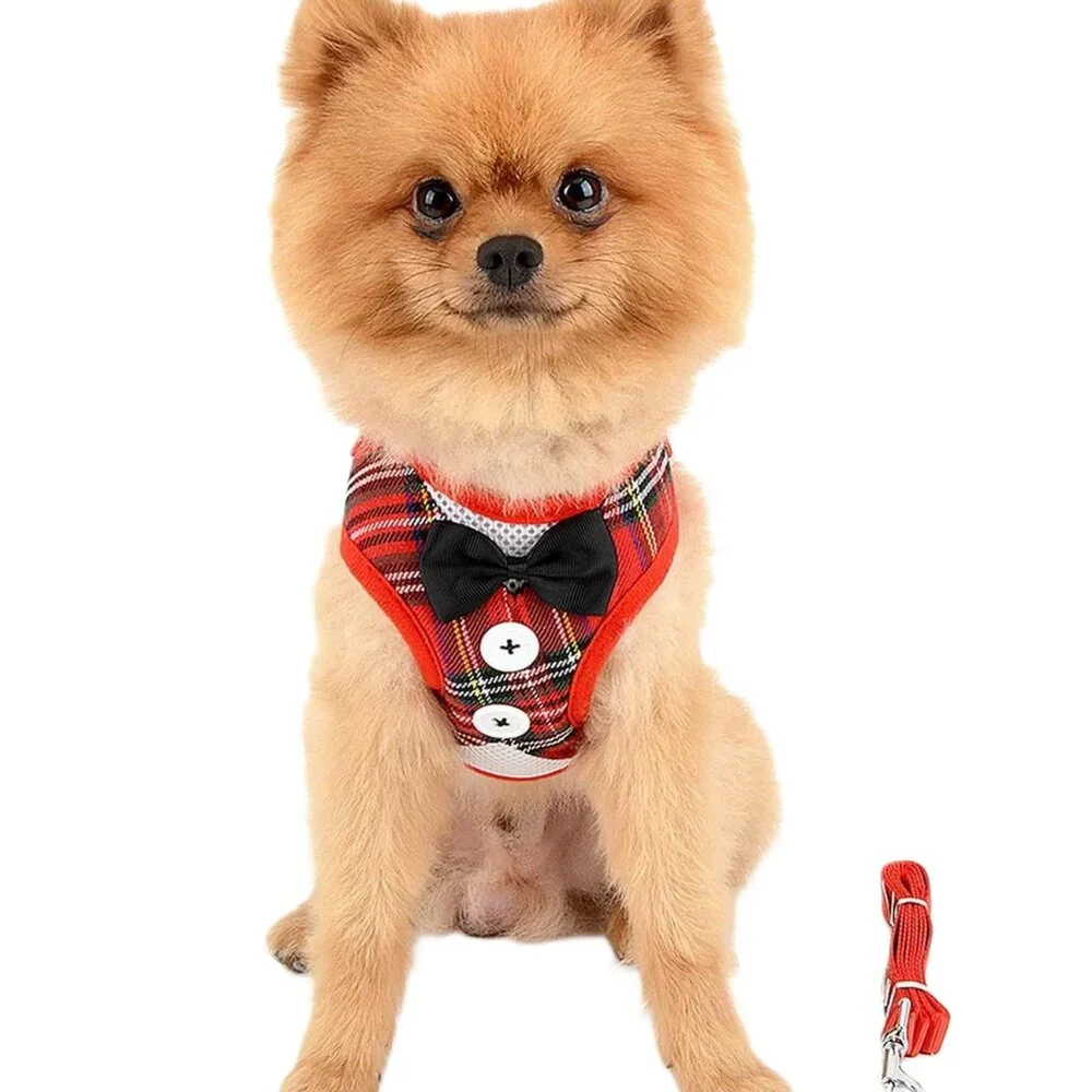 Dog Harness with Leash Christmas Tuxedo with Bow Tie Cat Dog Size M
